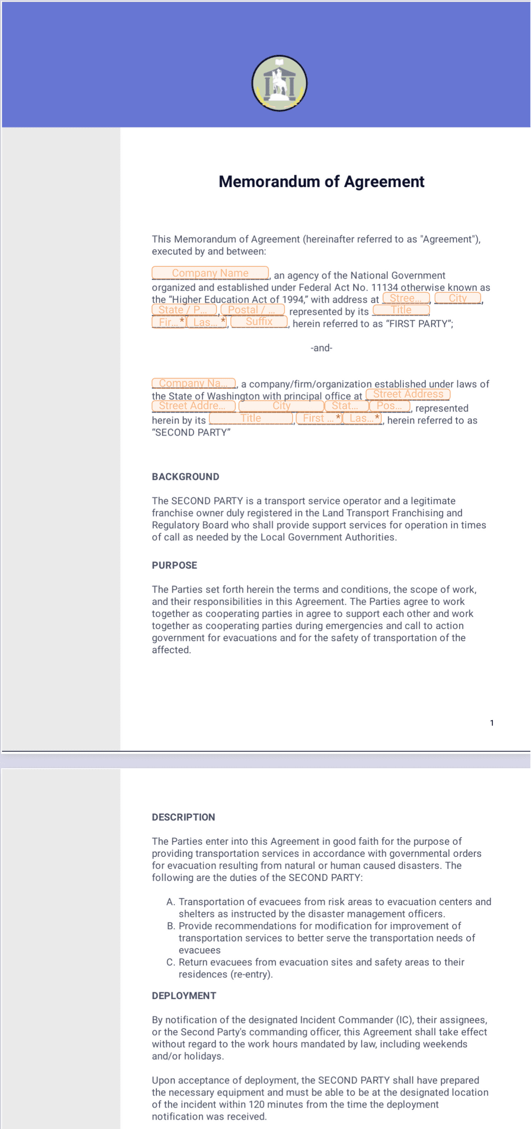 Memorandum of Agreement Template - PDF Templates | Jotform