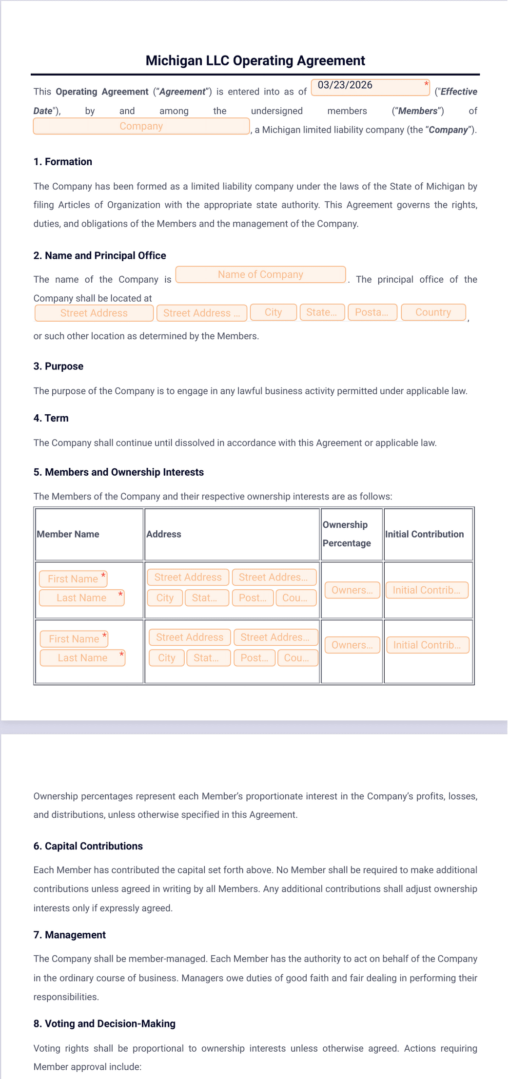 Michigan LLC Operating Agreement Template PDF Templates Jotform