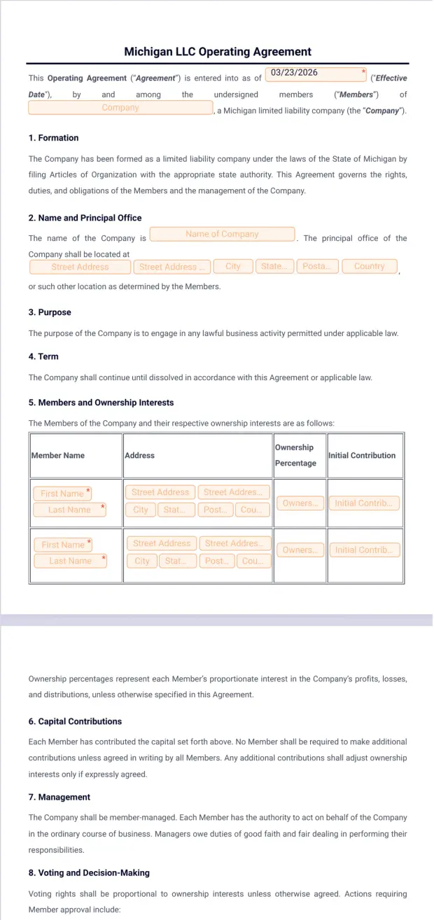 Michigan LLC Operating Agreement Template