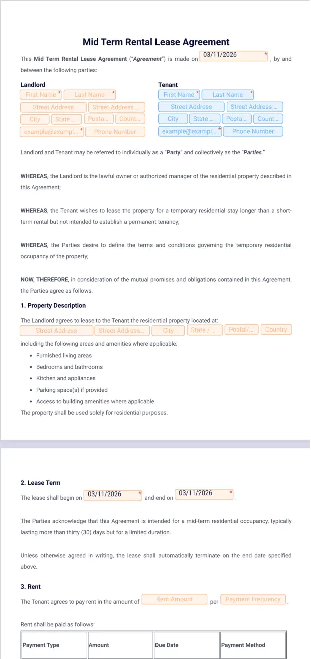Mid Term Rental Lease Agreement Template