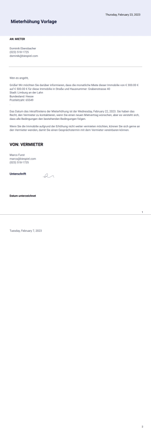 Mieterhöhung Vorlage - PDF Templates