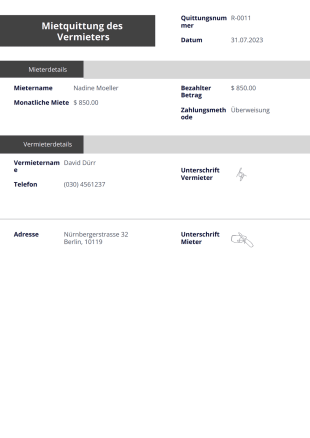 Mietquittung des Vermieters PDF-Vorlage