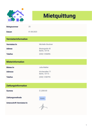 Mietquittung Vorlage - PDF Templates