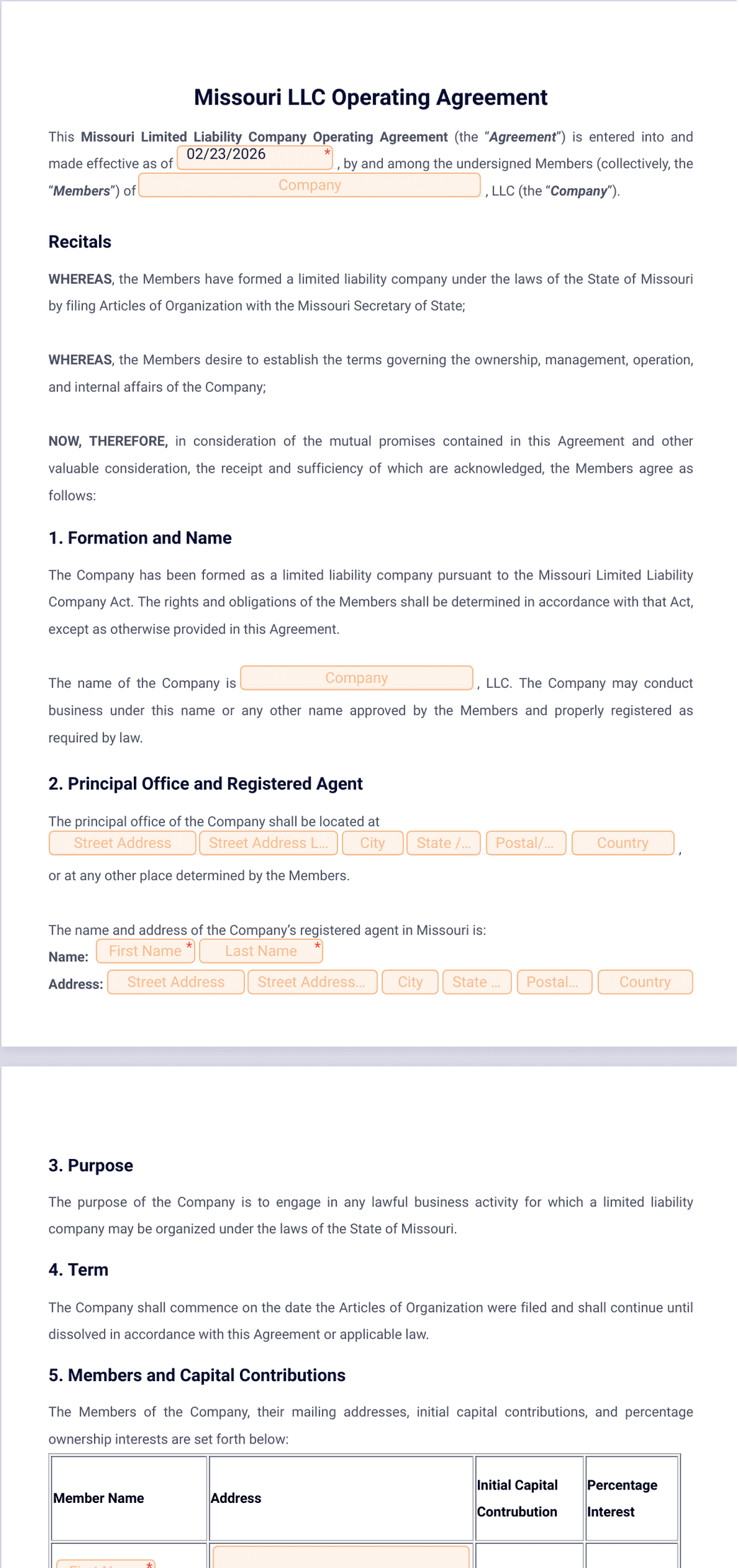 Missouri LLC Operating Agreement Template - PDF Templates | Jotform