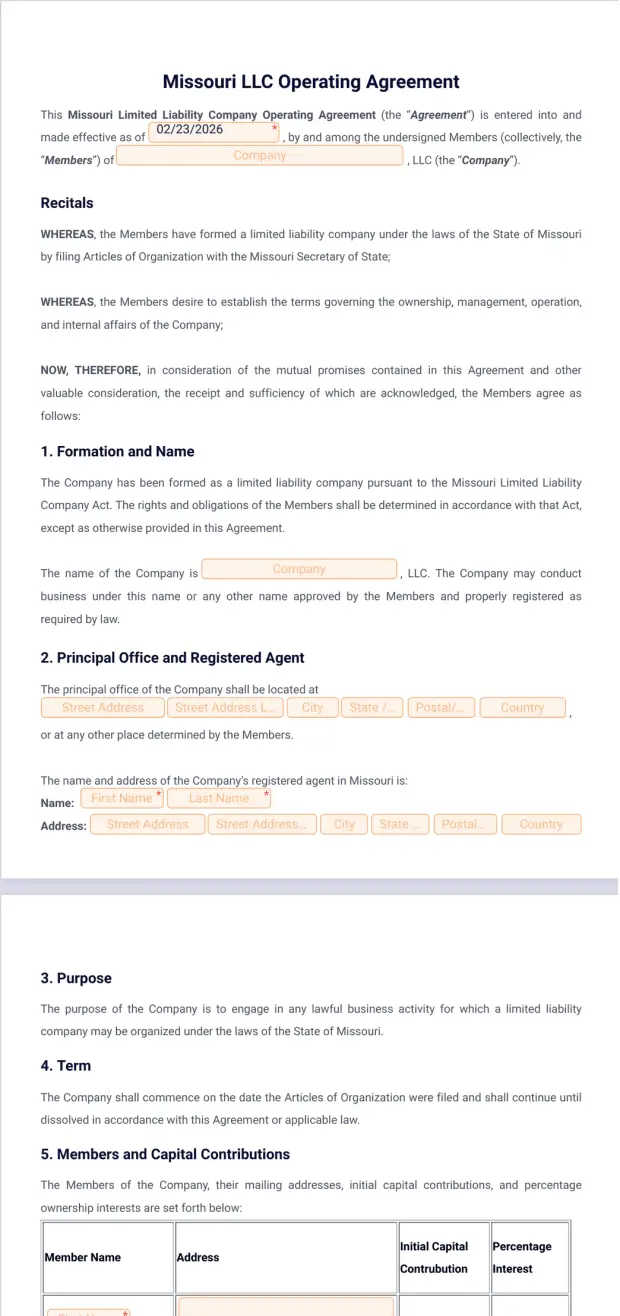 Missouri LLC Operating Agreement Template