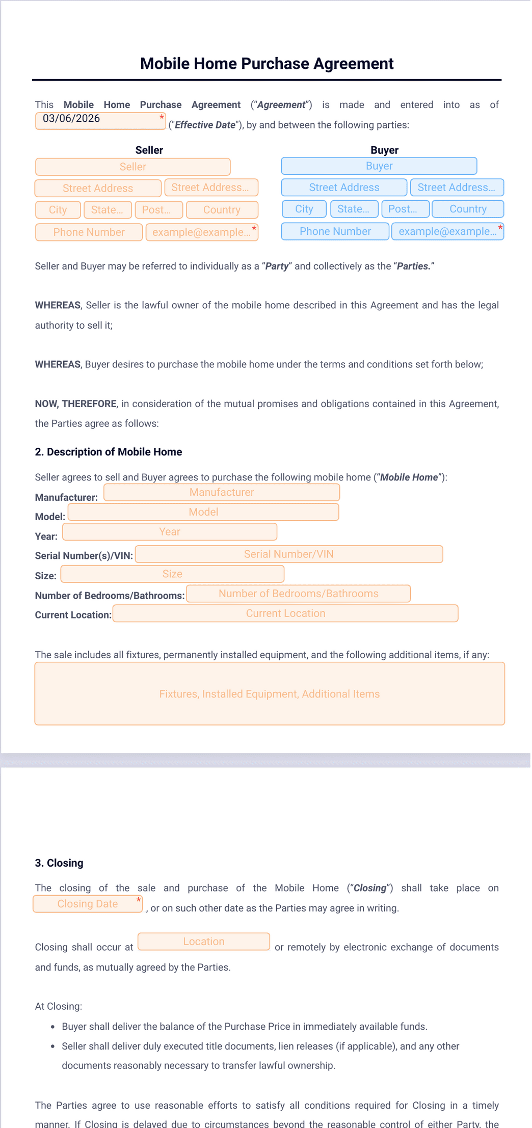 Mobile Home Purchase Agreement Template PDF Templates Jotform