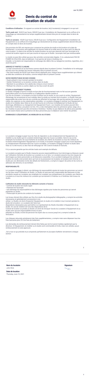 Modèle de contrat de location de studio - PDF Templates