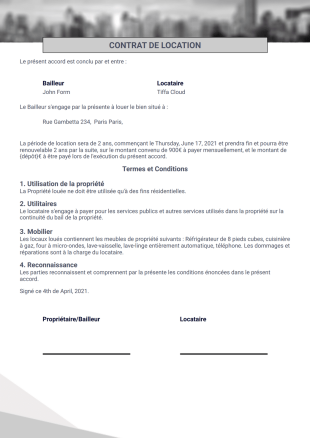 Modèle de contrat de location simple - PDF Templates