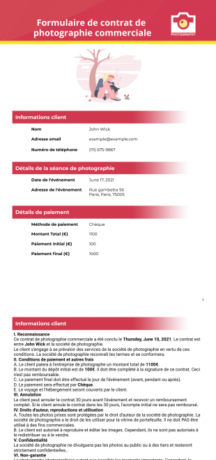 Modèle de contrat de photographie commerciale - PDF Templates