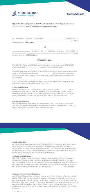 Modèle de contrat de prêt - Modèles de PDF