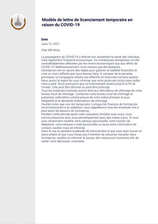 Modèle de lettre de licenciement temporaire en raison du COVID-19 - Modèles de PDF