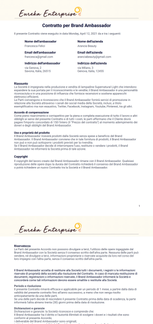 Modello di contratto del Brand Ambassador - PDF Templates