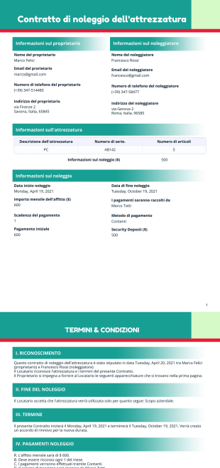 Modello di contratto di noleggio dell'attrezzatura - PDF Templates