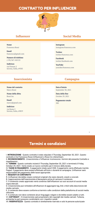 Modello di contratto per linfluencer - PDF Templates