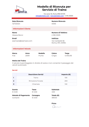 Modello di Ricevuta per Servizio di Traino - Modelli di PDF
