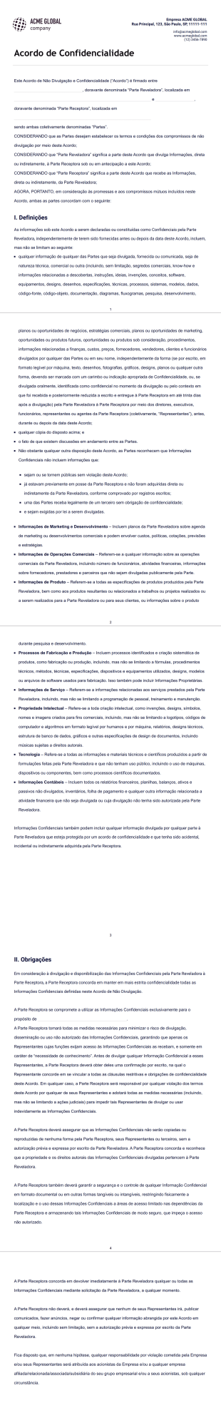 Modelo de Acordo de Confidencialidade - PDF Templates
