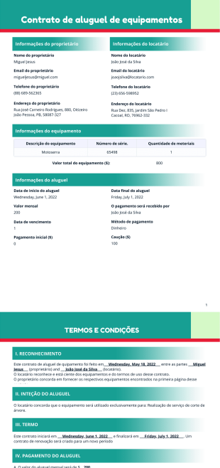 Modelo de contrato de aluguel de equipamento - PDF Templates