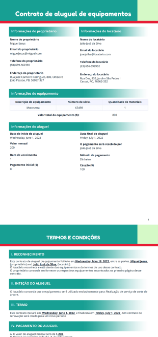 Modelo de contrato de aluguel de equipamento - Modelos para PDFs