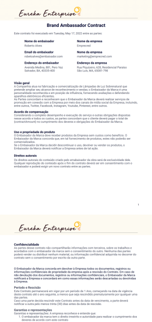 Modelo de contrato de embaixador de marca - PDF Templates