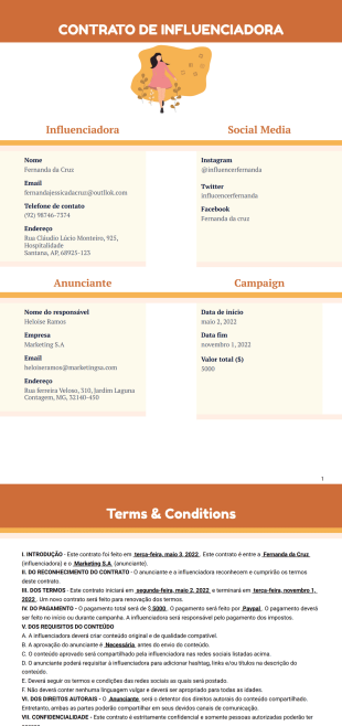 Modelo de contrato de influenciadora - PDF Templates