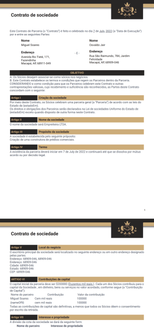 Modelo de contrato de sociedade - PDF Templates