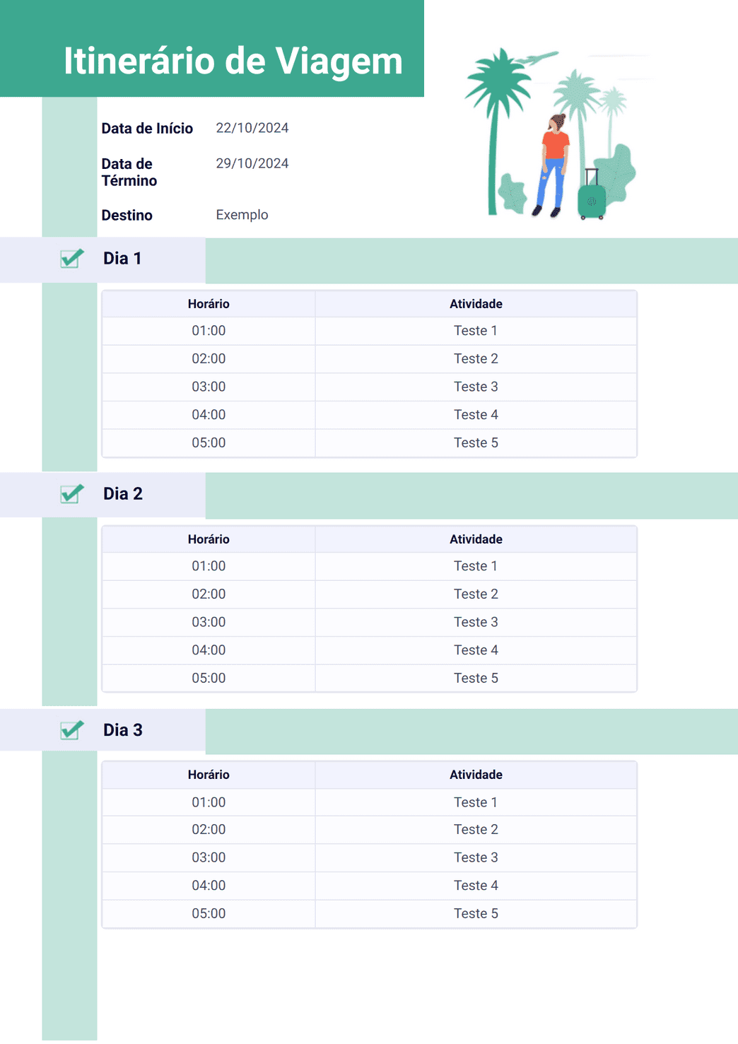 Modelo de Itinerário de Viagem - Modelos para PDFs | Jotform