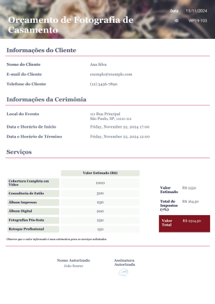 Modelo de Orçamento de Fotografia de Casamento - PDF Templates