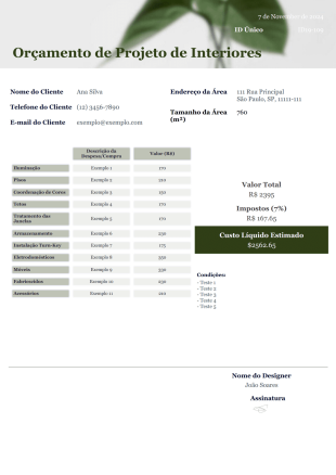 Modelo de Orçamento de Projeto de Interiores - PDF Templates