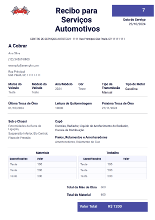 Modelo de Recibo para Serviços Automotivos - PDF Templates