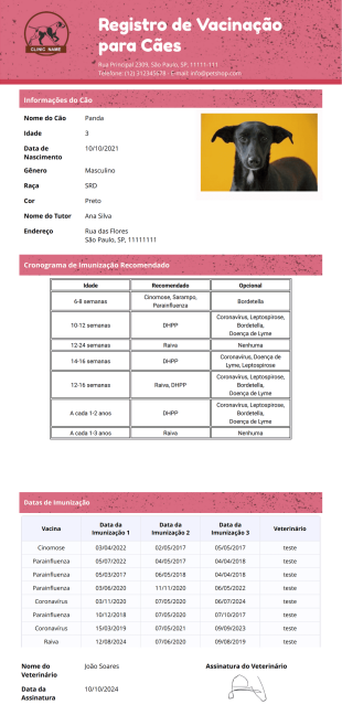 Modelo de Registro de Vacinação para Cães - PDF Templates