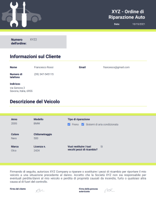 Modulo per riparazione auto Template PDF