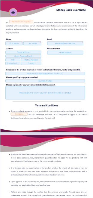 Money Back Guarantee Form PDF Template
