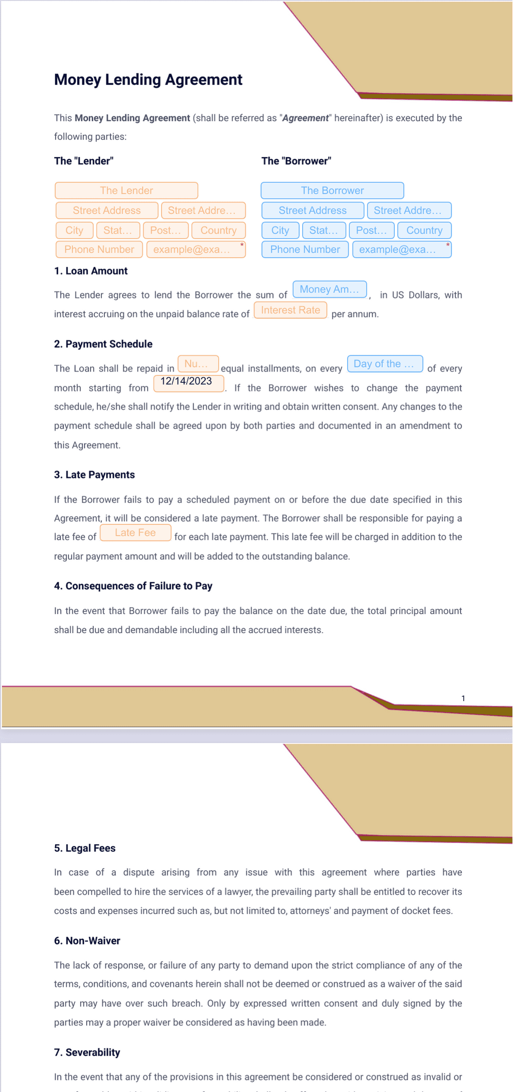 Money Lending Agreement - PDF Templates | Jotform