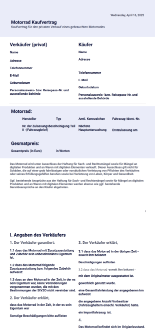 Motorrad Kaufvertrag - PDF Templates