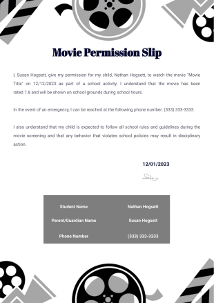 Movie Permission Slip Template - PDF Templates
