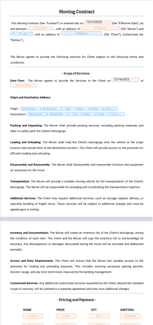 Moving Contract Template - PDF Templates