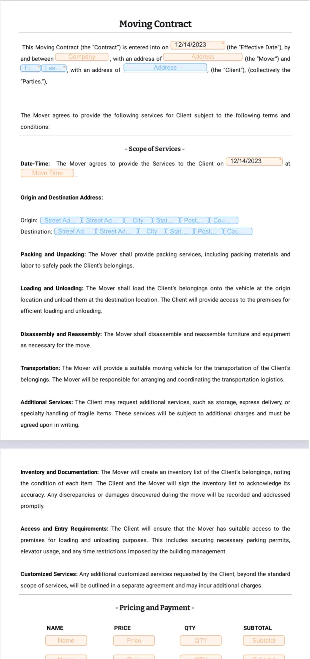 Moving Contract Template