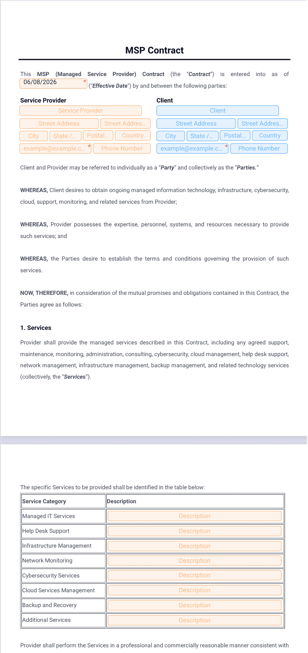 MSP Contract Template - PDF Templates | Jotform