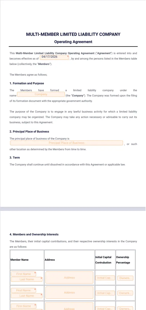 Multi Member LLC Operating Agreement Template PDF Templates Jotform