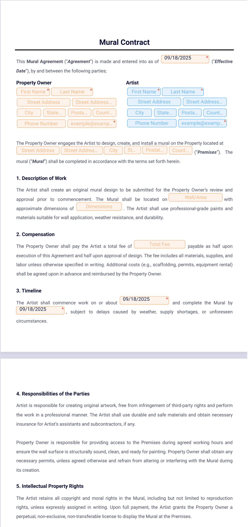 Sample Mural Contract Mural Contract Template - PDF Templates | Jotform