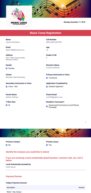 Music Camp Registration - PDF Templates