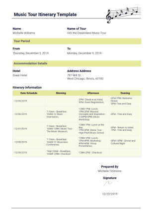 Music Tour Itinerary Template - PDF Templates