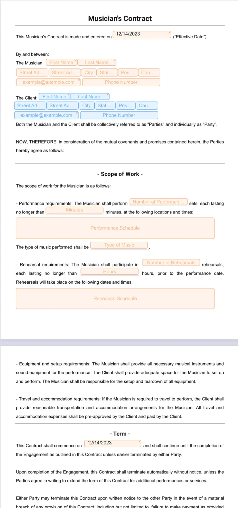 Musicians Contract Template Sign Templates Jotform