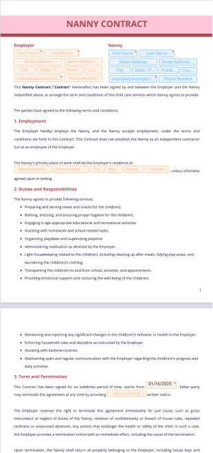 Nanny Contract Template - PDF Templates