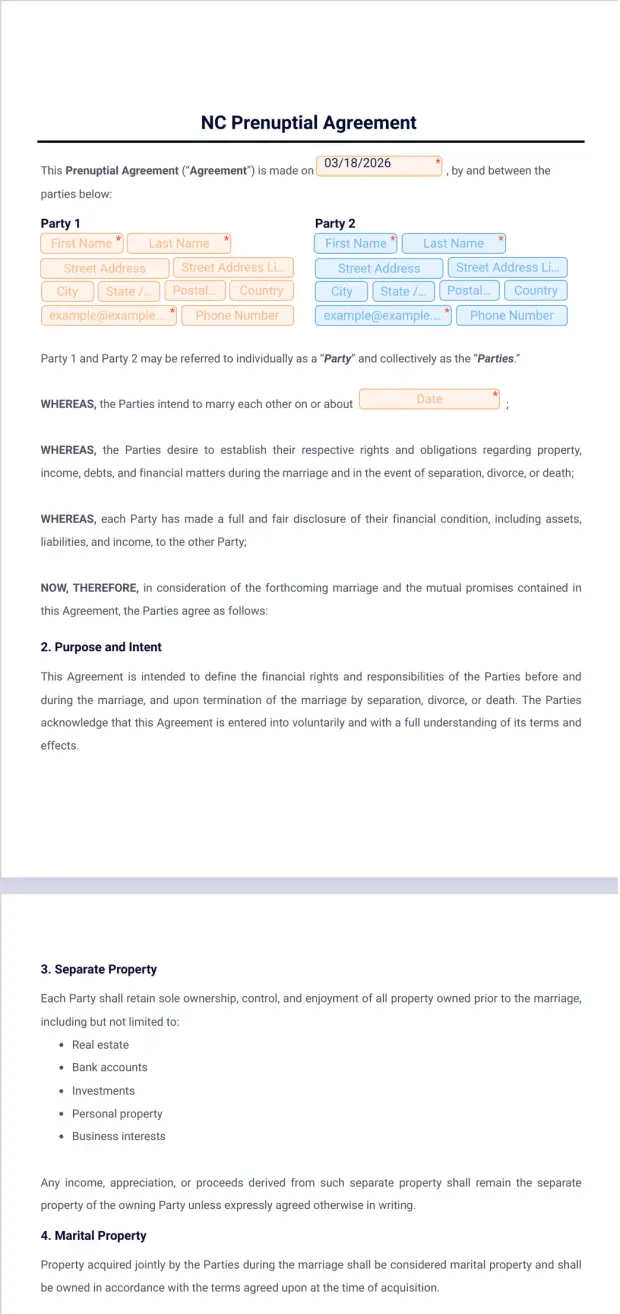 NC Prenuptial Agreement Template