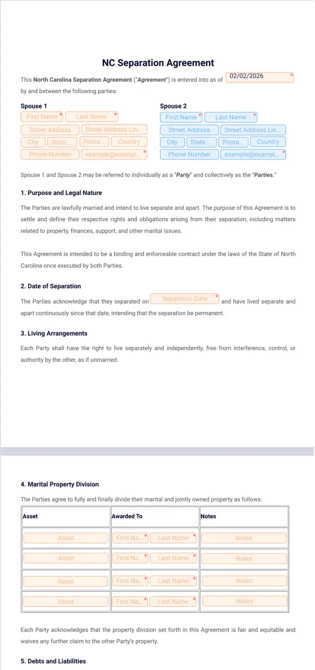 NC Separation Agreement Template
