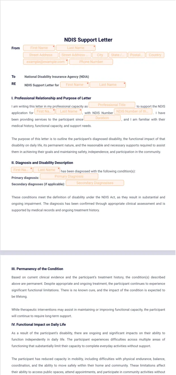NDIS Support Letter Template