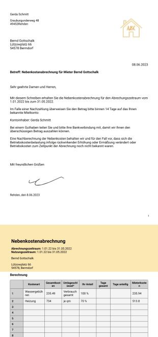 Nebenkostenabrechnung Vorlage - PDF-Vorlagen