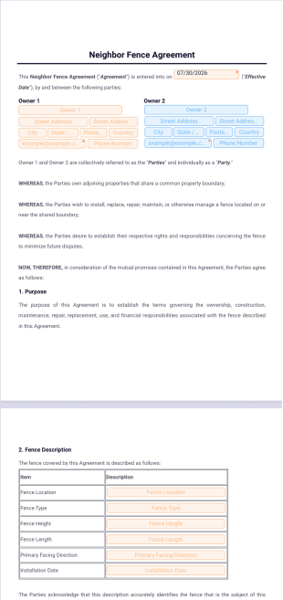 Neighbor Fence Agreement Template - PDF Templates