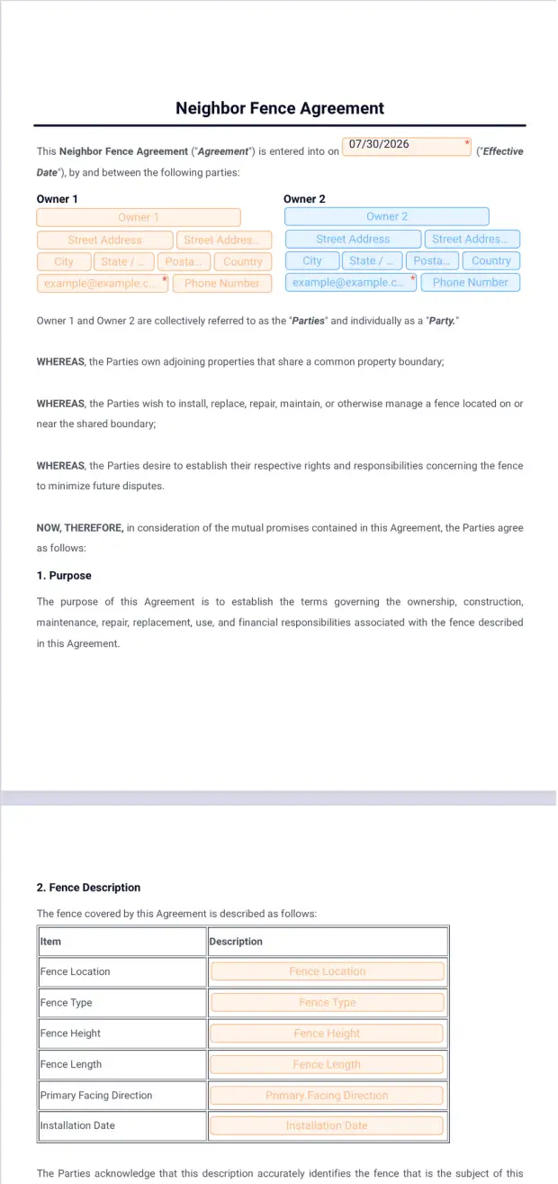 Neighbor Fence Agreement Template